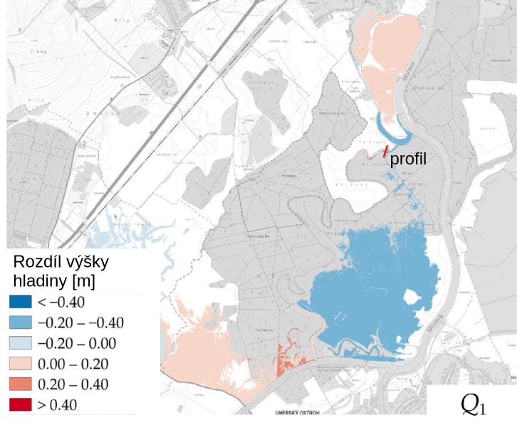 Rozdíl výšky hladiny Q1 při použití lokálního LiDAR modelu (CzechGlobe) a DMR5G .